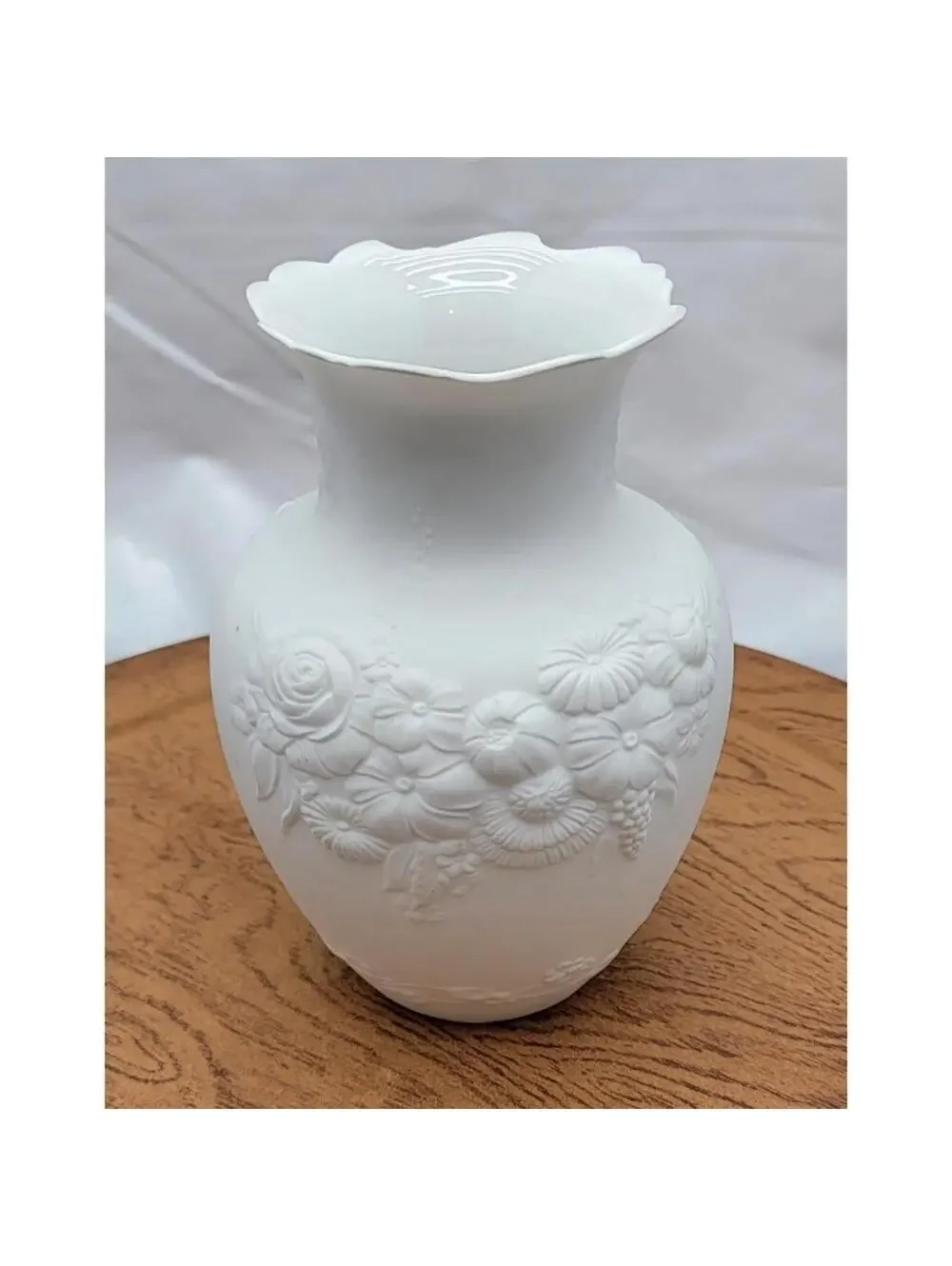 Kaiser Germany White Bisque Porcelain Vase Floral Relief Embossed Vintage